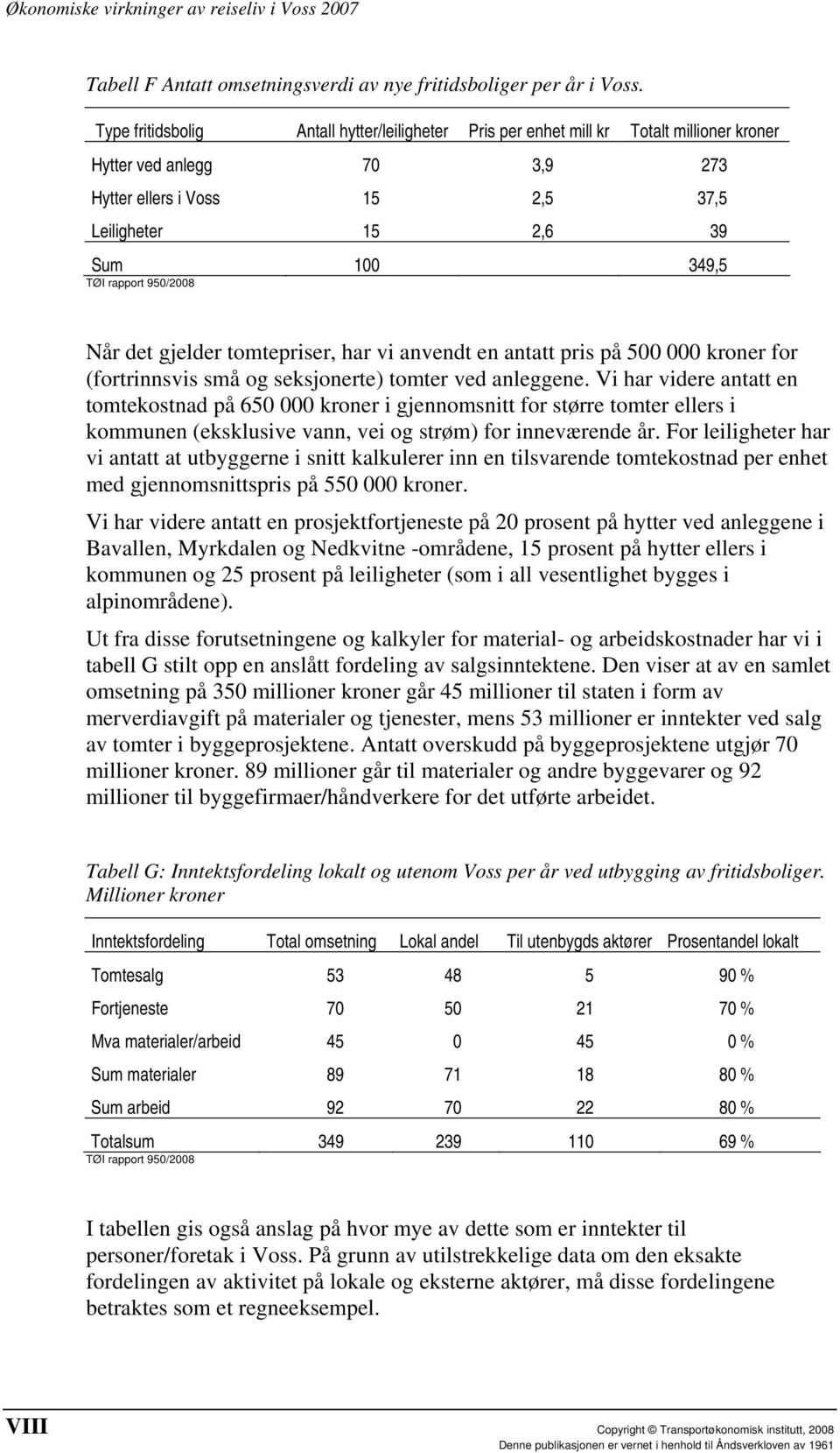 gjelder tomtepriser, har vi anvendt en antatt pris på 500 000 kroner for (fortrinnsvis små og seksjonerte) tomter ved anleggene.