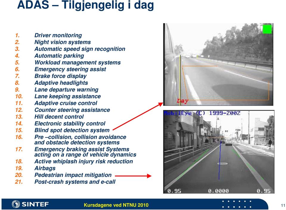 Counter steering assistance 13. Hill decent control 14. Electronic stability control 15. Blind spot detection system 16.