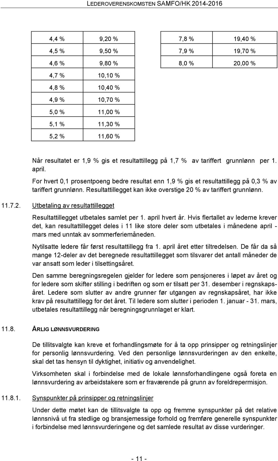 Resultattillegget kan ikke overstige 20 % av tariffert grunnlønn. 11.7.2. Utbetaling av resultattillegget Resultattillegget utbetales samlet per 1. april hvert år.