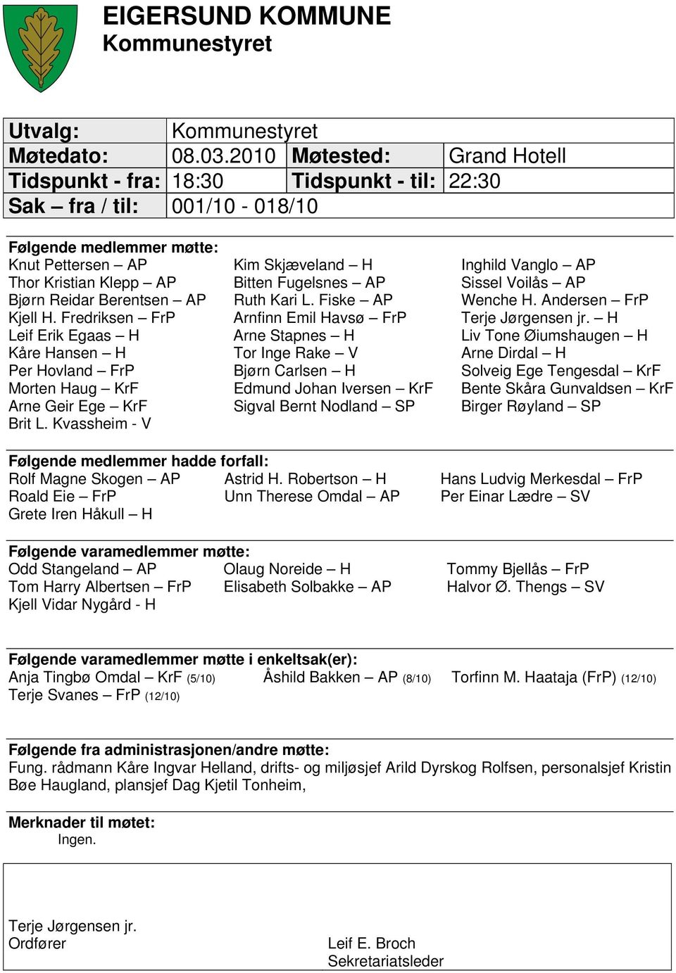 Klepp AP Bitten Fugelsnes AP Sissel Voilås AP Bjørn Reidar Berentsen AP Ruth Kari L. Fiske AP Wenche H. Andersen FrP Kjell H. Fredriksen FrP Arnfinn Emil Havsø FrP Terje Jørgensen jr.