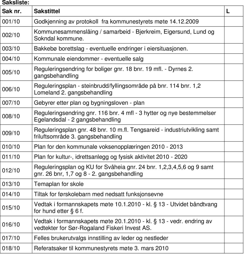 gangsbehandling Reguleringsplan - steinbrudd/fyllingsområde på bnr. 114 bnr. 1,2 Lomeland 2. gangsbehandling 007/10 Gebyrer etter plan og bygningsloven - plan 008/10 009/10 Reguleringsendring gnr.