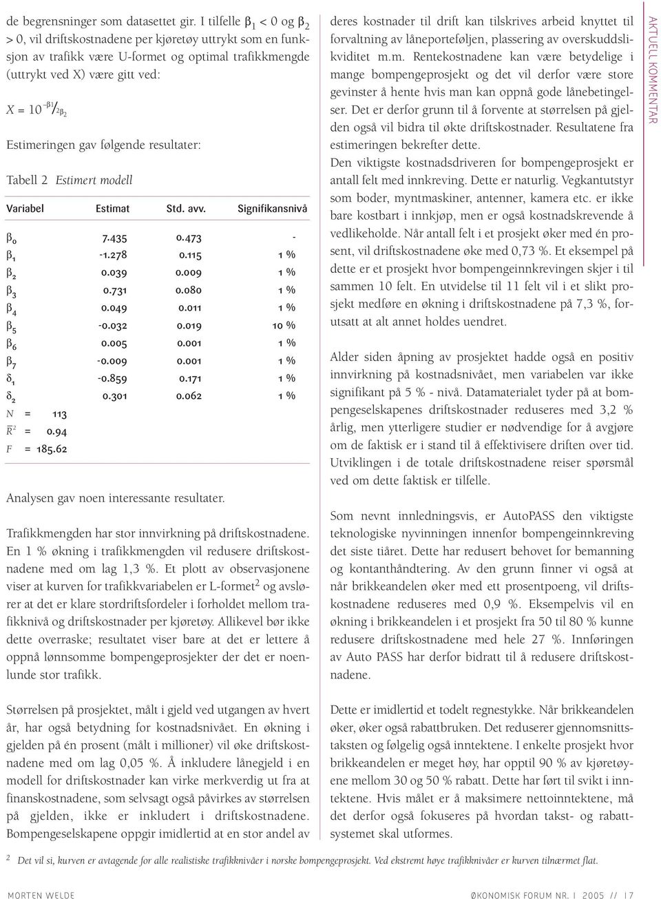 gav følgende resultater: Tabell 2 Estimert modell Variabel Estimat Std. avv. Signifikansnivå β 0 7.435 0.473 - β 1-1.278 0.115 1 % β 2 0.039 0.009 1 % β 3 0.731 0.080 1 % β 4 0.049 0.011 1 % β 5-0.