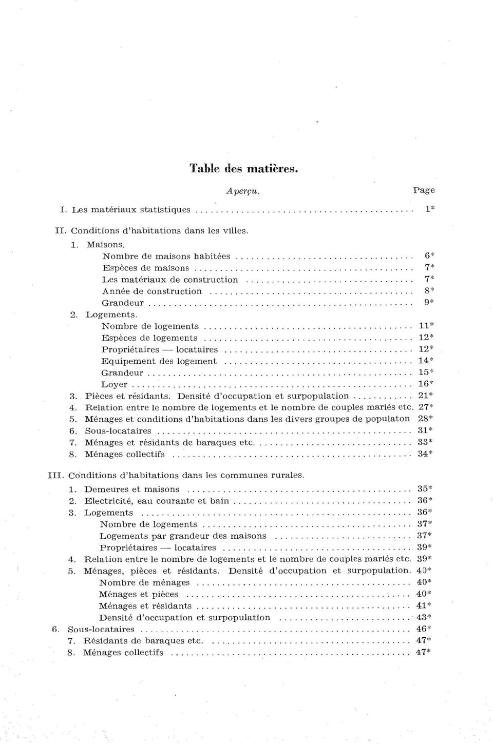 Nombre de logements * Espèces de logements * Propriétaires locataires * Equipement des logement * Grandeur * Loyer *. Pièces et résidants. Densité d'occupation et surpopulation *.