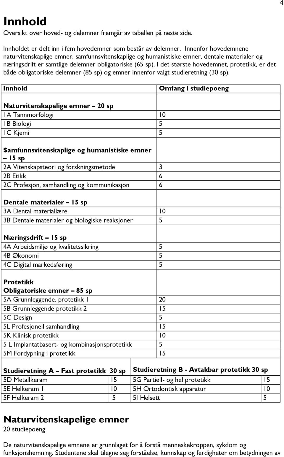 I det største hovedemnet, protetikk, er det både obligatoriske delemner (85 sp) og emner innenfor valgt studieretning (30 sp).