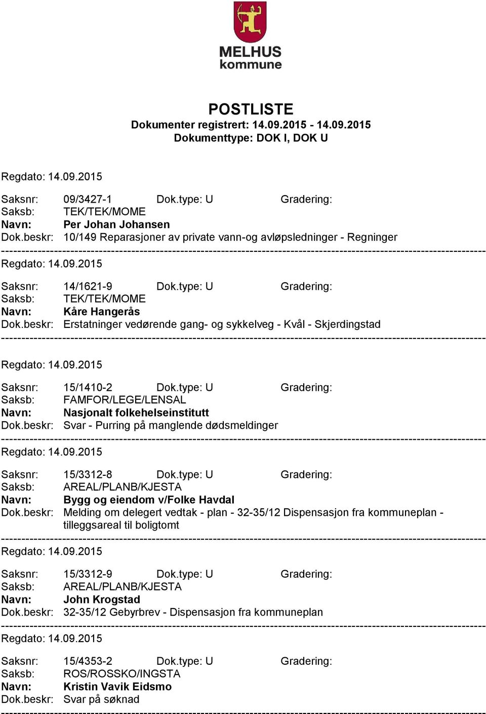 type: U Gradering: Saksb: FAMFOR/LEGE/LENSAL Navn: Nasjonalt folkehelseinstitutt Dok.beskr: Svar - Purring på manglende dødsmeldinger Saksnr: 15/3312-8 Dok.