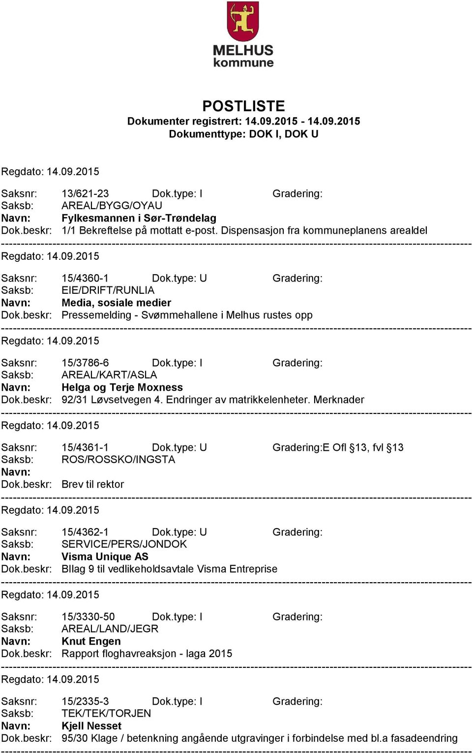 beskr: Pressemelding - Svømmehallene i Melhus rustes opp Saksnr: 15/3786-6 Dok.type: I Gradering: Saksb: AREAL/KART/ASLA Navn: Helga og Terje Moxness Dok.beskr: 92/31 Løvsetvegen 4.