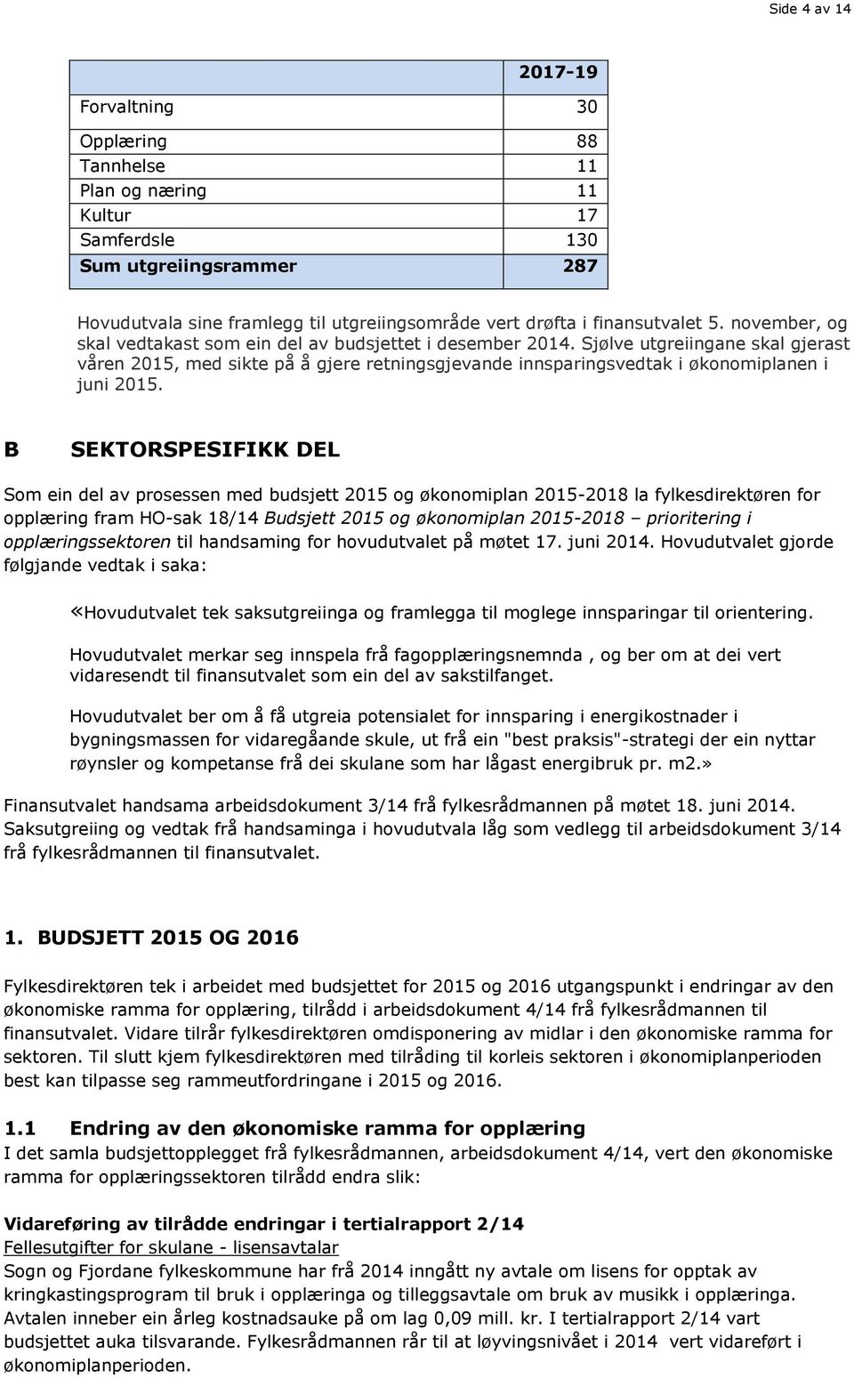 Sjølve utgreiingane skal gjerast våren 2015, med sikte på å gjere retningsgjevande innsparingsvedtak i økonomiplanen i juni 2015.