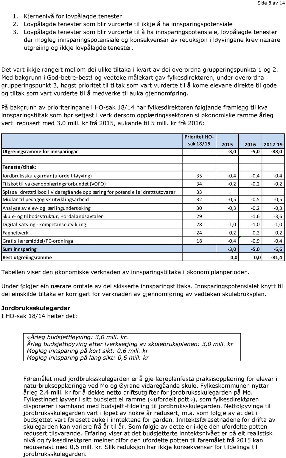 lovpålagde tenester. Det vart ikkje rangert mellom dei ulike tiltaka i kvart av dei overordna grupperingspunkta 1 og 2. Med bakgrunn i God-betre-best!