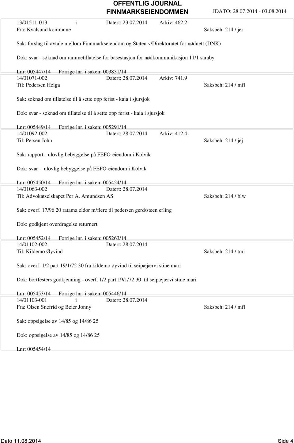 saraby Lnr: 005447/14 Forrige lnr. i saken: 003831/14 14/01071-002 Datert: 28.07.2014 Arkiv: 741.