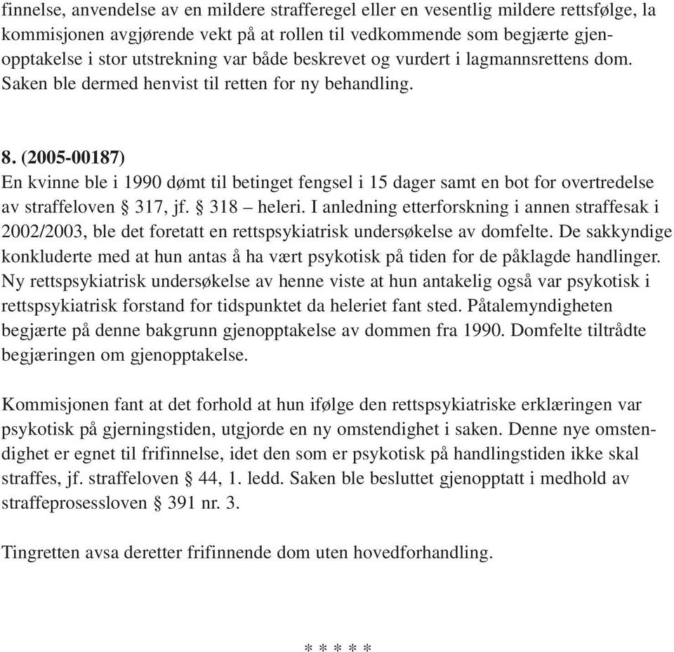 (2005-00187) En kvinne ble i 1990 dømt til betinget fengsel i 15 dager samt en bot for overtredelse av straffeloven 317, jf. 318 heleri.