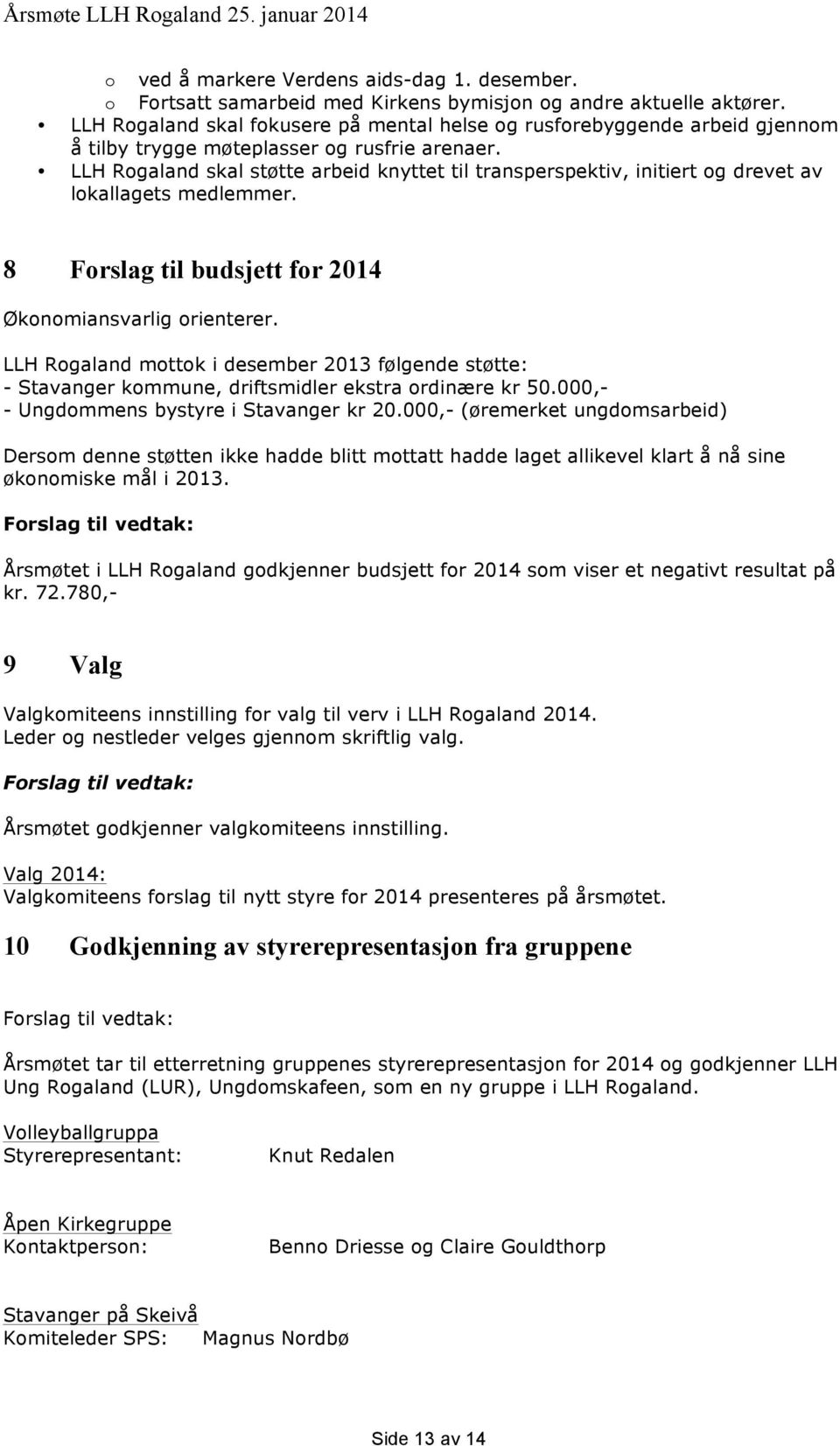 LLH Rogaland skal støtte arbeid knyttet til transperspektiv, initiert og drevet av lokallagets medlemmer. 8 Forslag til budsjett for 2014 Økonomiansvarlig orienterer.