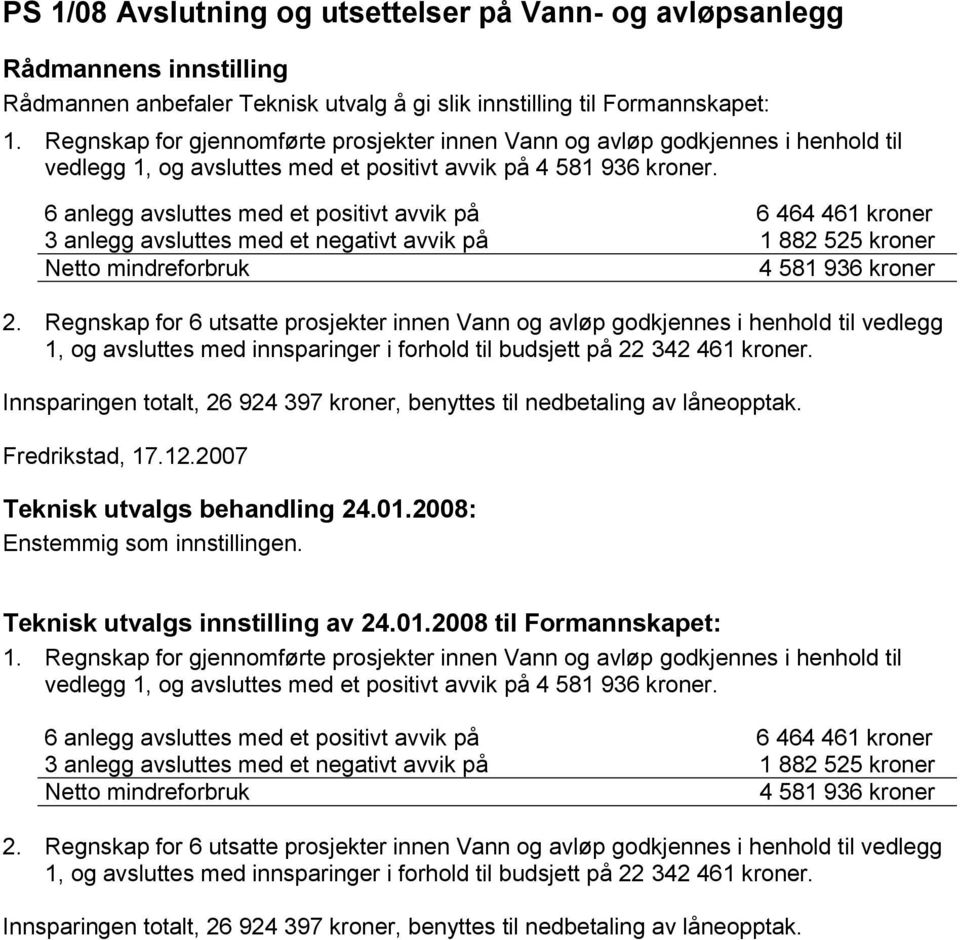 6 anlegg avsluttes med et positivt avvik på 6 464 461 kroner 3 anlegg avsluttes med et negativt avvik på 1 882 525 kroner Netto mindreforbruk 4 581 936 kroner 2.