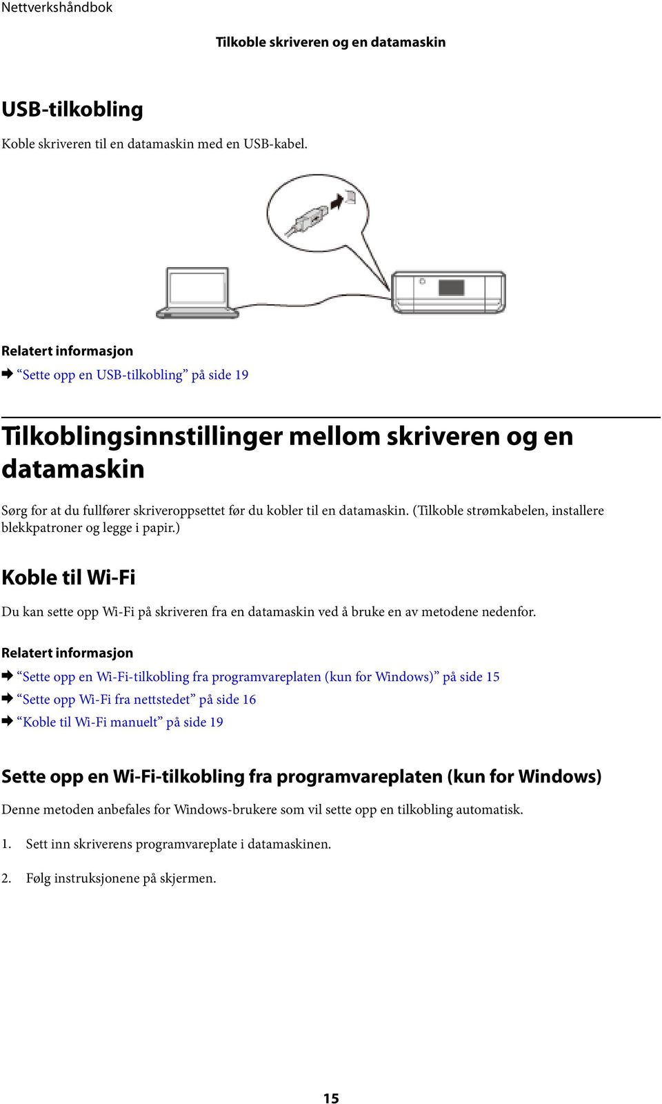 (Tilkoble strømkabelen, installere blekkpatroner og legge i papir.) Koble til Wi-Fi Du kan sette opp Wi-Fi på skriveren fra en datamaskin ved å bruke en av metodene nedenfor.