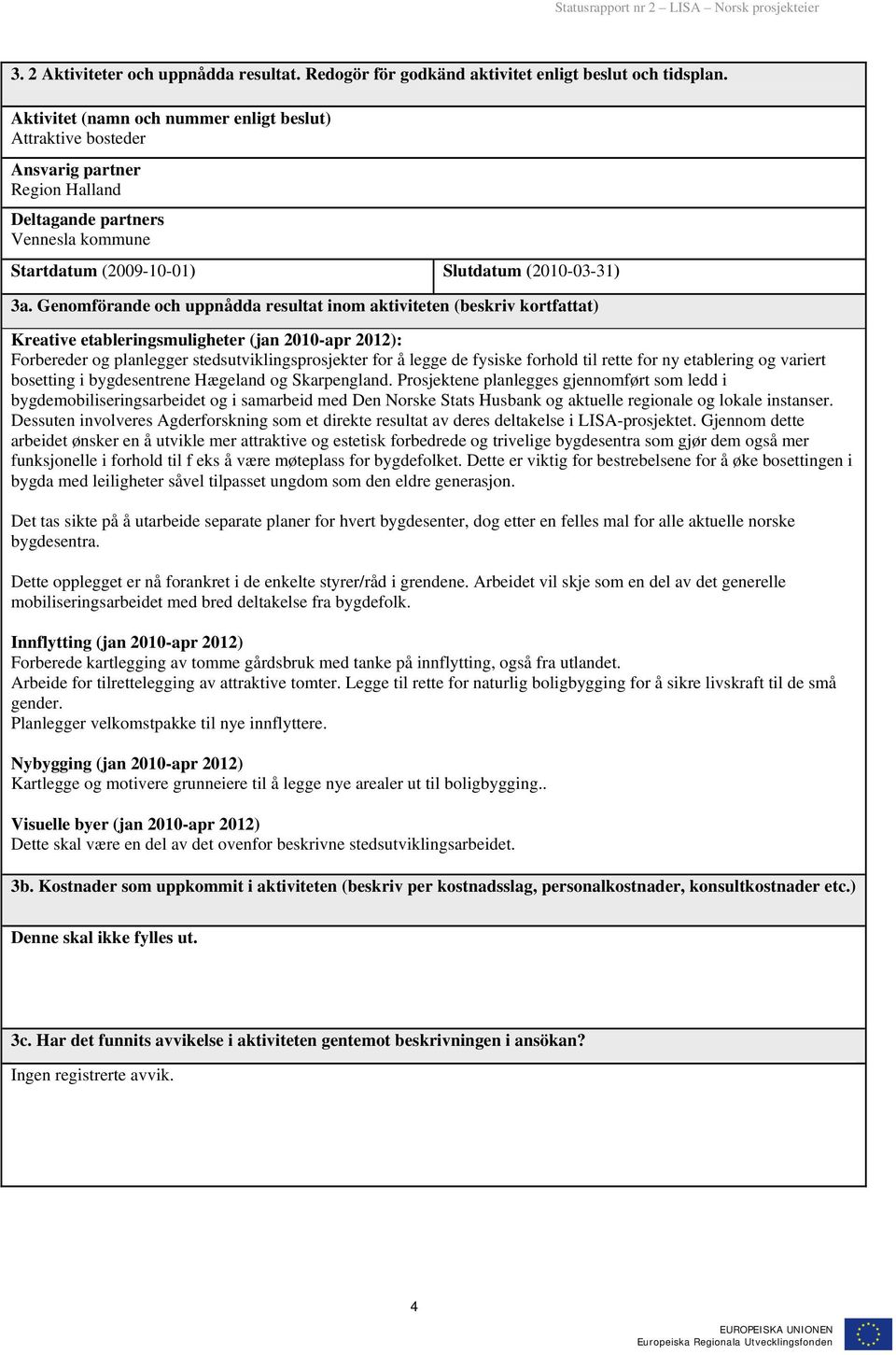 Genomförande och uppnådda resultat inom aktiviteten (beskriv kortfattat) Kreative etableringsmuligheter (jan 2010-apr 2012): Forbereder og planlegger stedsutviklingsprosjekter for å legge de fysiske