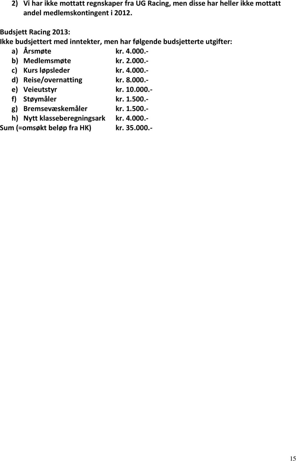 - b) Medlemsmøte kr. 2.000.- c) Kurs løpsleder kr. 4.000.- d) Reise/overnatting kr. 8.000.- e) Veieutstyr kr. 10.000.- f) Støymåler kr.