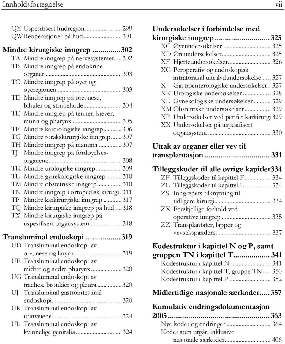 ..305 TF Mindre kardiologiske inngrep...306 TG Mindre torakskirurgiske inngrep...307 TH Mindre inngrep på mamma...307 TJ Mindre inngrep på fordøyelsesorganene...308 TK Mindre urologiske inngrep.