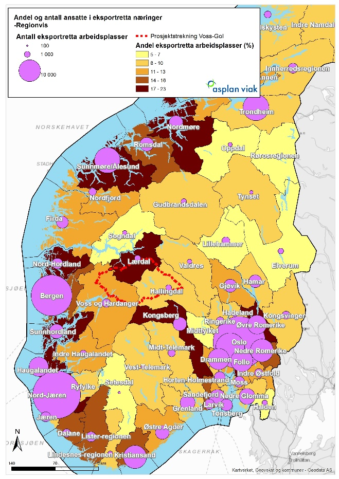 46 Figur 5-10: Antall og prosentandel som er ansatt i eksportrettede næringer fordelt på NHO sine regioner. Kilde: Bedriftsregisteret, SSB.