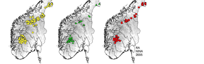 Figur 1. Revehi registrert i Hibasen. Hiene er systematisert i forhold til art (fjellrev eller rødrev) som opprinnelig anla hiet.