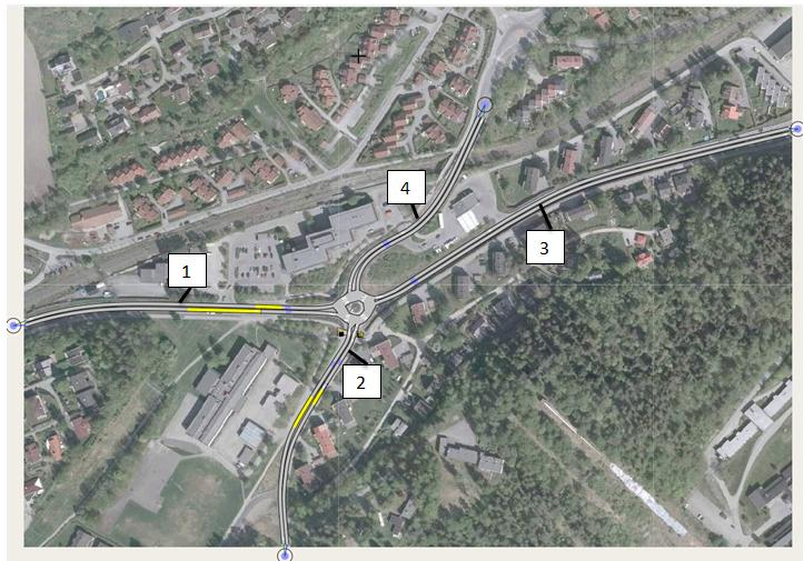 6.2 Forsøk med forskjellig geometrisk utforming av rundkjøringene Simuleringer i Aimsun starter med å opprette den geometriske utformingen av modellområdet med tillatte svingebevegelser. Avsnitt 6.2.1 og 6.