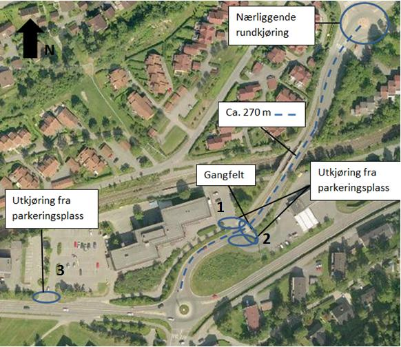 I tilfart 2 er det et gangfelt like før rundkjøringen. Fotgjengere kan gi forsinkelse for kjøretøy. Det ble registrert få gående, og antallet ble vurdert som holdbart for oppgaven. Den 8.