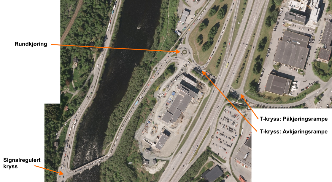 Modellering av vikeplikt og prioritet i ulike krysstyper i AIMSUN Sluppenomra det i Trondheim ble raskt pekt ut som et egnet nettverk som oppfylte kravene.