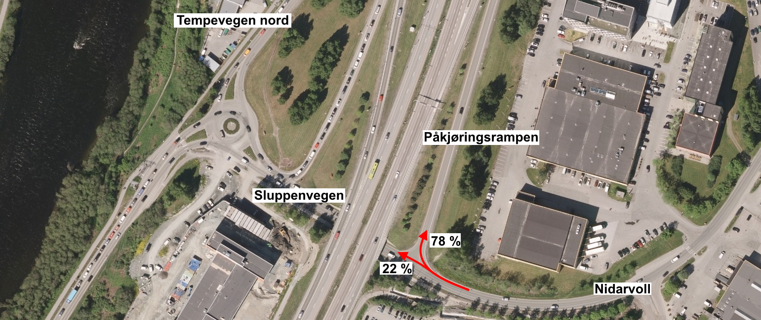 Modellering av vikeplikt og prioritet i ulike krysstyper i AIMSUN mellomrom. Et problem med køen bak pa kjøringsrampen mot Nidarvoll er oppdaget etter opptakene og registreringene er gjort.