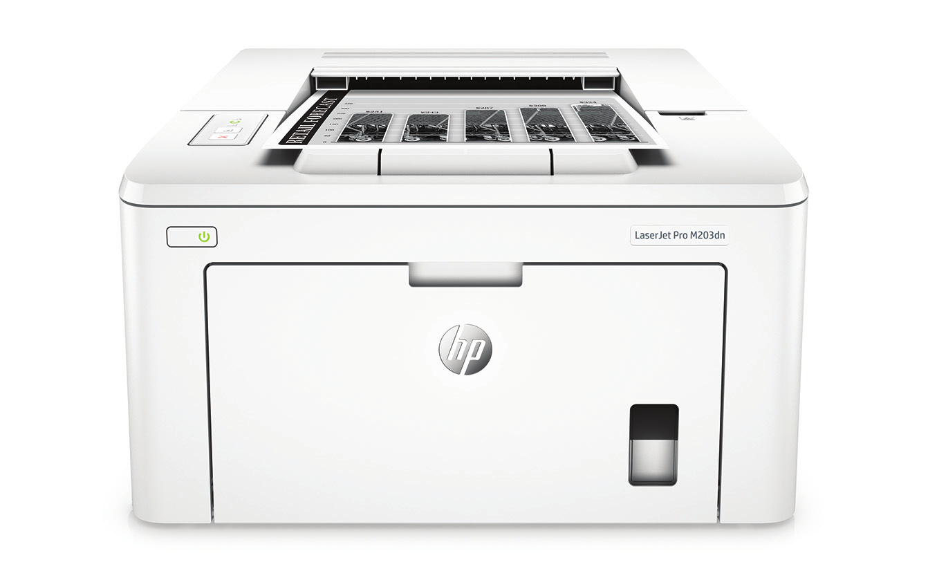 Produktomvisning HP LaserJet Pro M203dw-skriver vises. LED-kontrollpanel 2. Automatisk tosidig utskrift 3. Hi-Speed USB 2.0-port. Rask Ethernet-nettverksport, tilgangsport for valgfri lås 4.