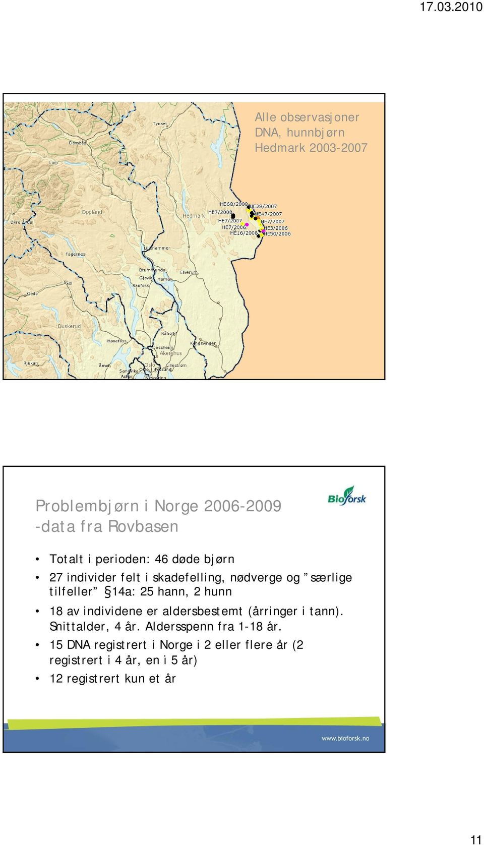 hann, 2 hunn 18 av individene er aldersbestemt (årringer i tann). Snittalder, 4 år.