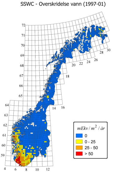 22 Figur 8: Overskridelse av tålegrensen for forsuring av overflatevann for perioden 1997-2001. Avsetningene er basert på gjennomsnittet av målingene for perioden.