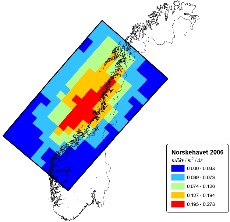 44 Figur 26: Dagens N-avsetning fra petroleumsvirksomheten i Norskehavet i mekv/m 2 /år. Beregnet avsetning i mekv/m 2 /år for 2025 er vist i Figur 27.