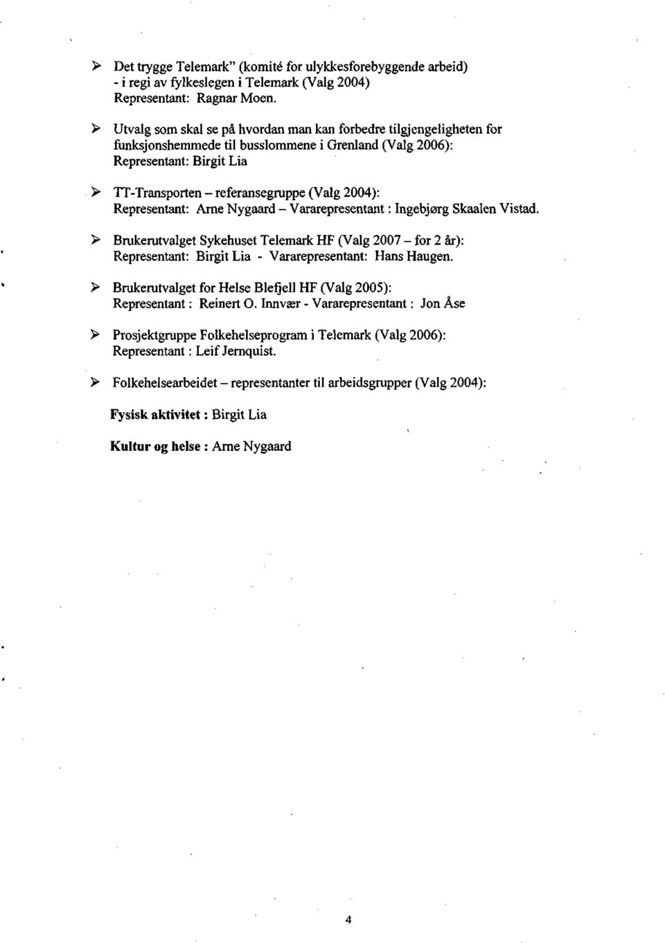 2004): Representant: Arne Nygaard - Vararepresentant: Ingebjørg Skaalen Vistad. > Brukerutvalget Sykehuset Telemark HF (Valg 2007 - for 2 år): Representant: Birgit Lia - Vararepresentant: Hans Haugen.