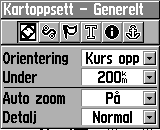 Hovedsider Siden Kartoppsett Generelt Siden Kartoppsett - Generelt inneholder innstillingene for Orientering, Under, Auto zoom og Detalj.