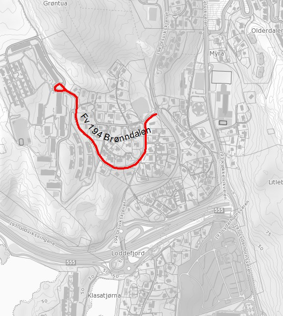 iii. FV 194 Brønndalen, vegarm Olsvikskjenet Vegen er ein blindgate på om lag 0,7 km, med snuplass i enden.