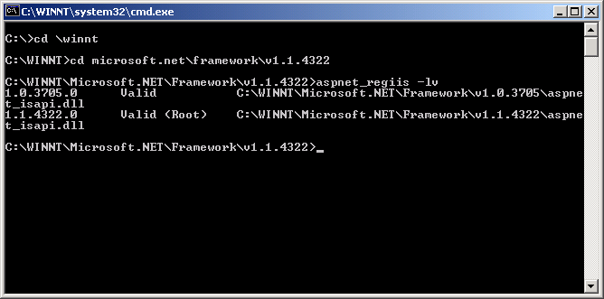 Tekniske krav (Windows og web) Denne skal liste 1.1.4322 som Valid (Root) med henvisning til hvor aspnet_isapi.dll ligger.