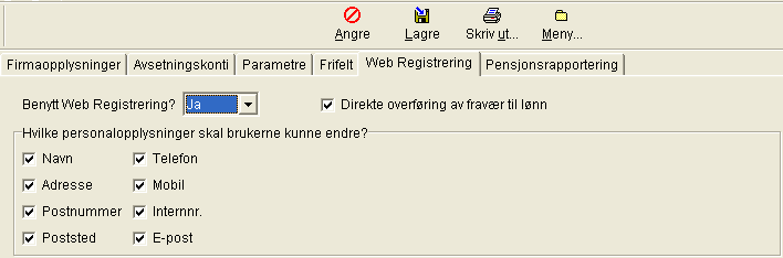 Sette opp System 4 Sette opp systemet 1. Velg menyvalg Kartotek Satser, firmaoppsett Firmaopplysninger og mappen Web Registrering. 2. Velg Ja i feltet Benytt Web Registrering. 3.