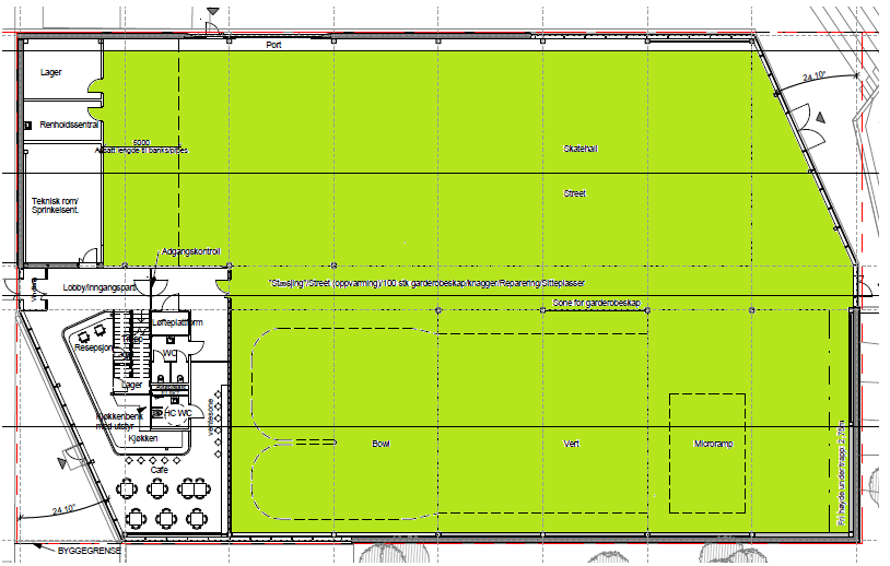 3.3 Vurdering av fraviket Løsningen omfatter branncellen skatehall, som er åpen over to plan. Den aktuelle branncellen er markert med grønn farge i figur 3.3-2 og har et areal på ca. 1550 m 2.