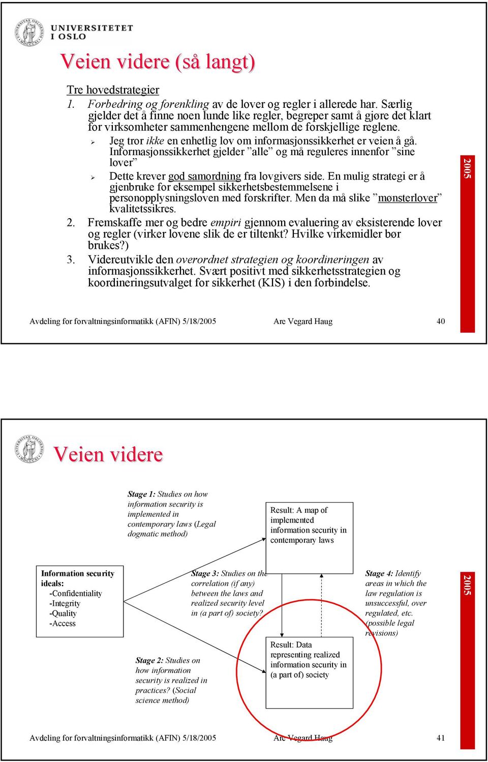 Jeg tror ikke en enhetlig lov om informasjonssikkerhet er veien å gå. Informasjonssikkerhet gjelder alle og må reguleres innenfor sine lover Dette krever god samordning fra lovgivers side.