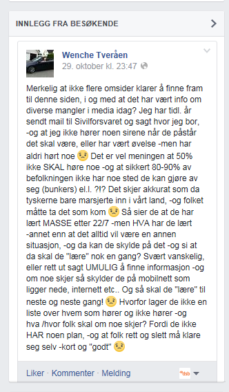 Frykt eller årvåkenhet? «kjent på en voksende klump i magen ift krigsretorikken som vi nå ser og hører overalt» (Trebarnsmor fra Porsgrunn) «Hvis man må rømme fra sin bolig.