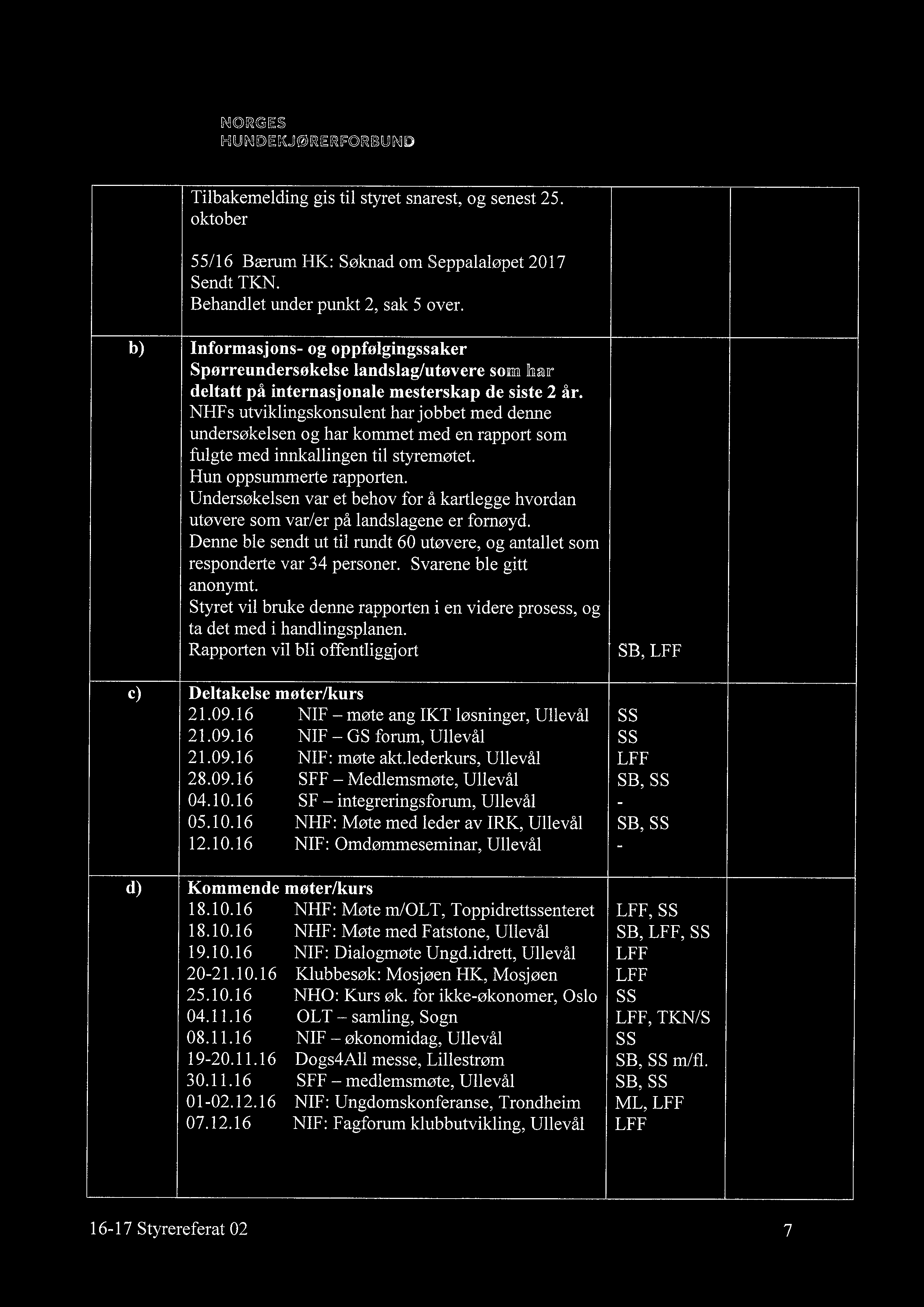 r NoRGES N MNDCKJ ø V3ERF0O RBMNDD Tilbakemelding gis til styret snarest, og senest 25. oktober 55/16 Bærum HK: Søknad om Seppalaløpet 2017 Sendt TKN. Behandlet under punkt 2, sak 5 over.