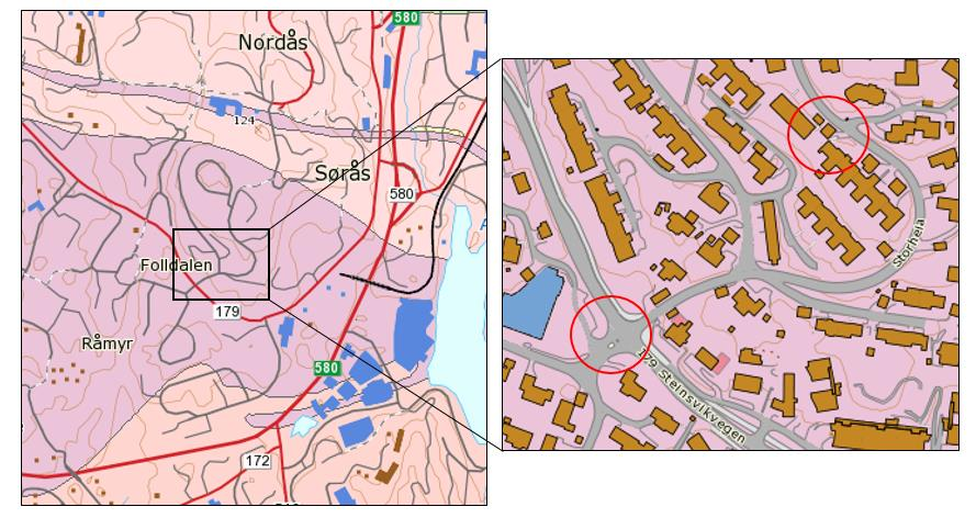 28.2 GRUNNFORHOLD Figur 81 Bergensbuene, det aktuelle området er merket med svart sirkel (Fossen, 215) Bergensbuene dominerer berggrunnen i Bergensområdet.