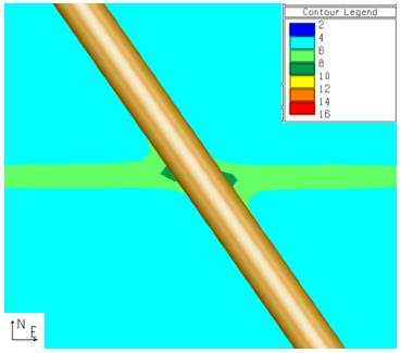 Figur 173 Modell av krysningsområde 2 3.8.1 SIGMA 1 Figur 174 Snitt V: Konturene av sigma 1 i MPa. Middelverdier fra tabell 24 og tabell 27.