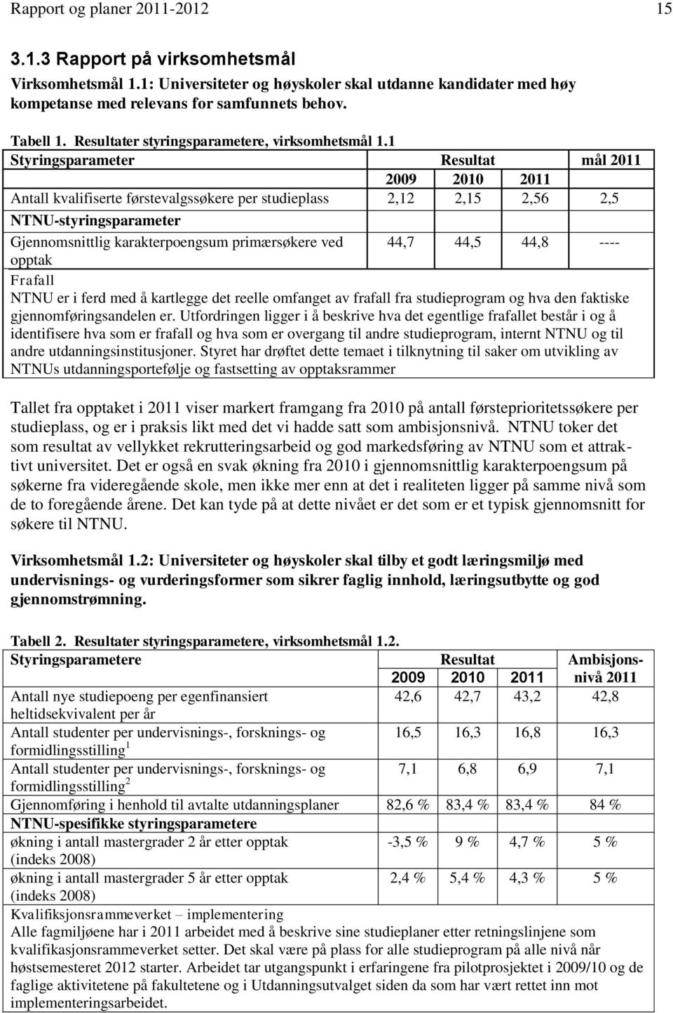 1 Styringsparameter Resultat mål 2011 2009 2010 2011 Antall kvalifiserte førstevalgssøkere per studieplass 2,12 2,15 2,56 2,5 NTNU-styringsparameter Gjennomsnittlig karakterpoengsum primærsøkere ved