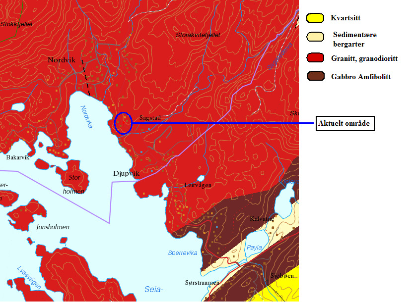 Berggrunn Berggrunnen består hovedsakelig av sedimentære bergarter, granitt og grandioritt. Se figur 2. Figur 2: Berggrunnskart for aktuelt område (www.ngu.