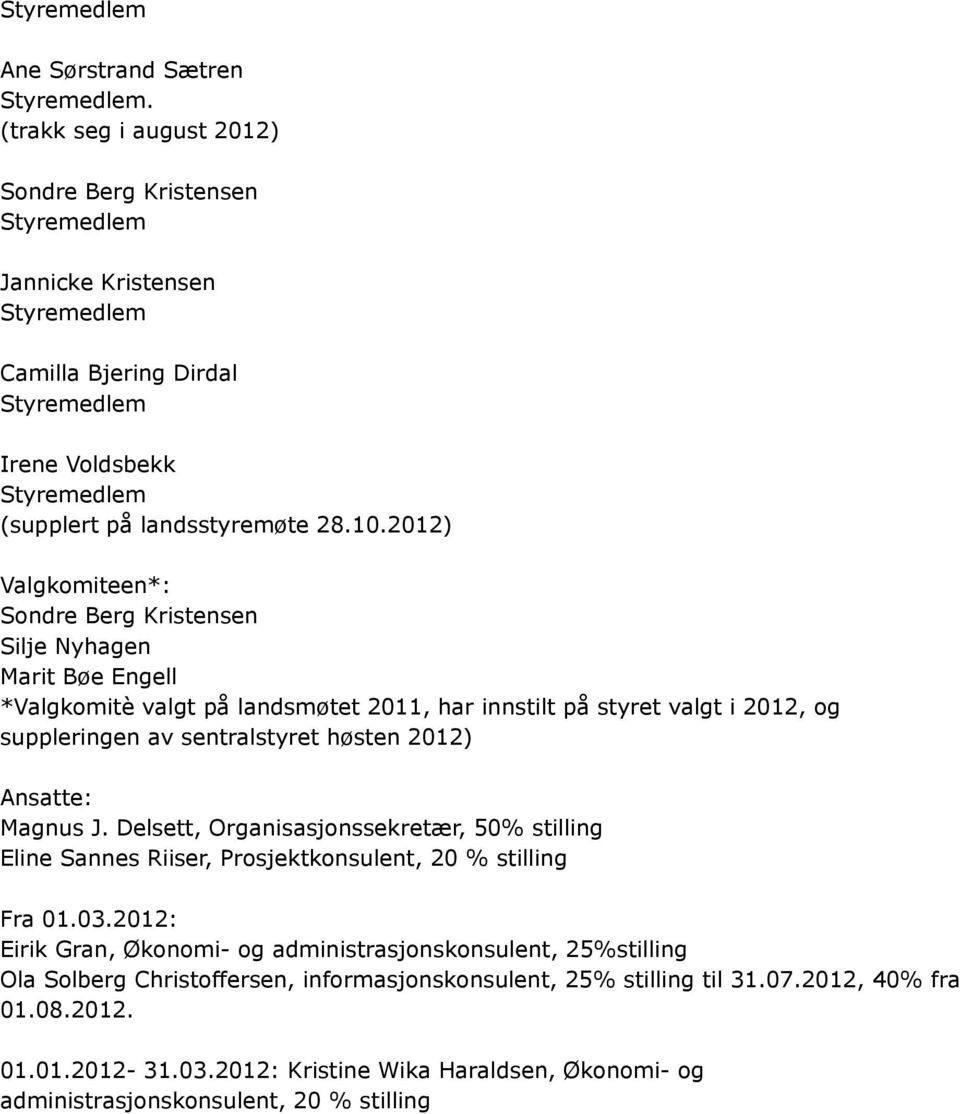 høsten 2012) Ansatte: Magnus J. Delsett, Organisasjonssekretær, 50% stilling Eline Sannes Riiser, Prosjektkonsulent, 20 % stilling Fra 01.03.