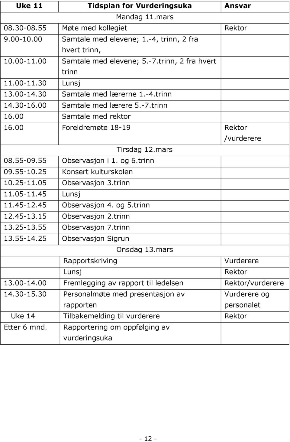 00 Foreldremøte 18-19 Rektor /vurderere Tirsdag 12.mars 08.55-09.55 Observasjon i 1. og 6.trinn 09.55-10.25 Konsert kulturskolen 10.25-11.05 Observasjon 3.trinn 11.05-11.45 Lunsj 11.45-12.