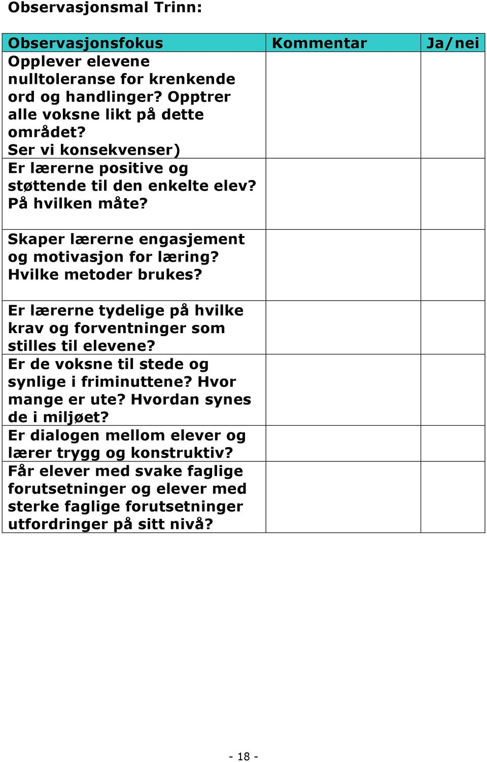 Er lærerne tydelige på hvilke krav og forventninger som stilles til elevene? Er de voksne til stede og synlige i friminuttene? Hvor mange er ute?