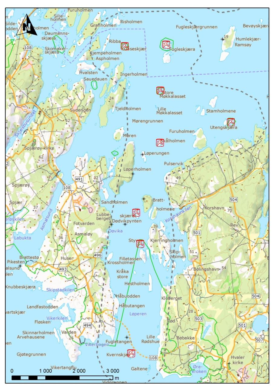 Figur 3-3 De røde fugle-figurene viser hvilke øyer det er blitt tellet sjøfugl i Løpern. Den stiplete linjen viser avgrensing av telleområdet.