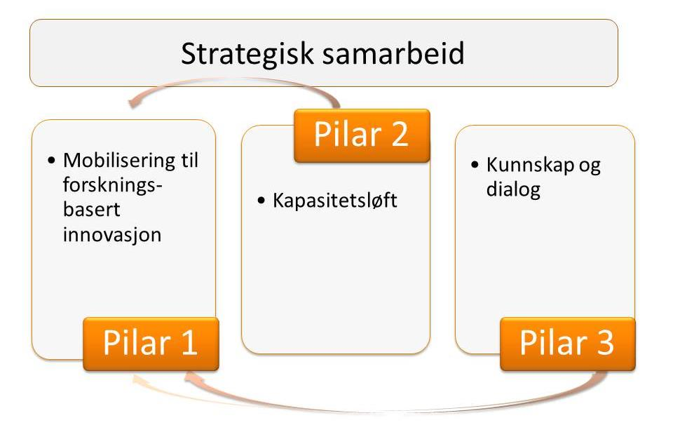 4. Et program med tre pilarer For å nå målene i FORREGION er det nødvendig med innsats på flere områder og strategisk samarbeid mellom Forskningsrådet, fylkeskommunen og regionale og nasjonale