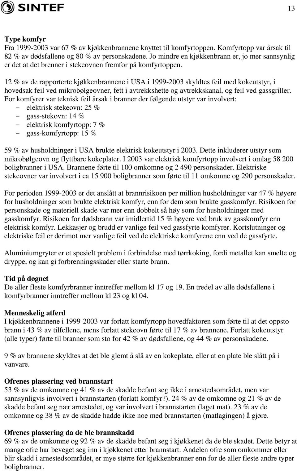 12 % av de rapporterte kjøkkenbrannene i USA i 1999-2003 skyldtes feil med kokeutstyr, i hovedsak feil ved mikrobølgeovner, fett i avtrekkshette og avtrekkskanal, og feil ved gassgriller.