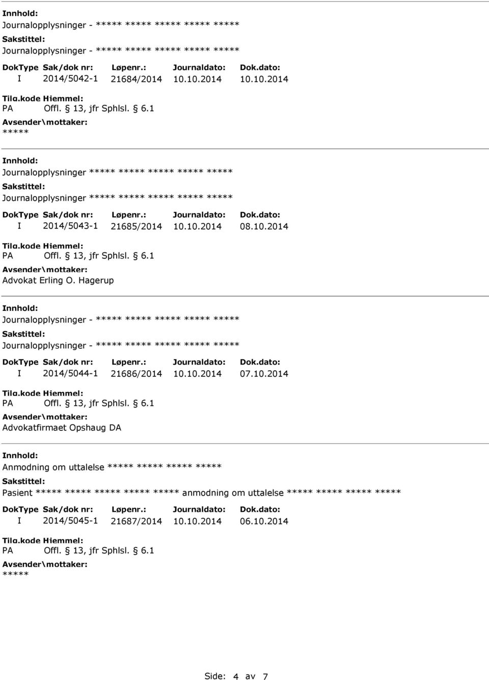 2014 nnhold: Journalopplysninger - Journalopplysninger - 2014/5044-1 21686/2014 Advokatfirmaet